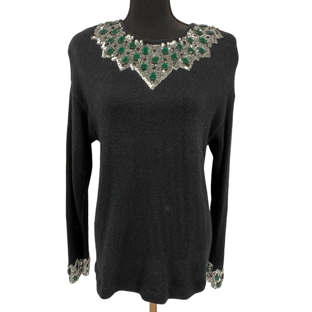 VTG 80s Outlander Womens Sweater Silk Angora Rabbit Hair Sequins Rhinestones Med